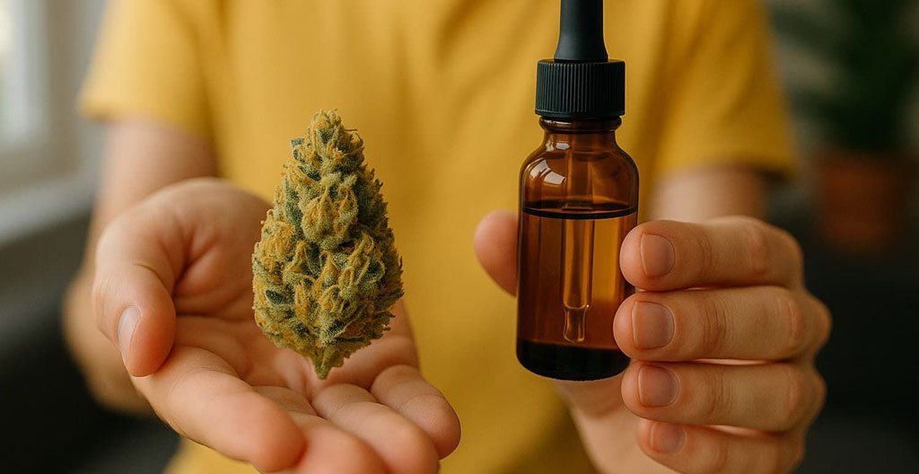 Trois formes de produits CBD disposées en profondeur sur surface claire : flacon d'huile ambré avec pipette, vaporisateur métallique discret et bocal de fleurs en verre transparent