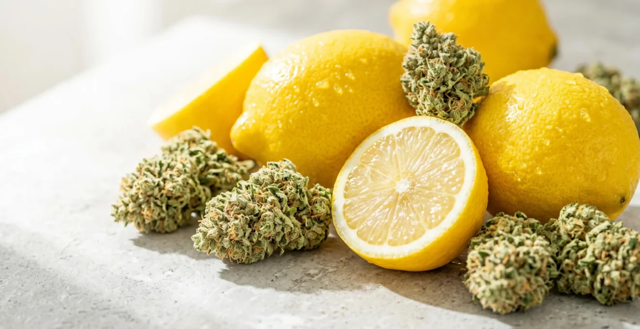 Citrons frais coupés et entiers disposés à côté de fleurs de cannabis CBD Lemon Haze sur une surface en pierre claire, illustrant le profil aromatique citronné partagé